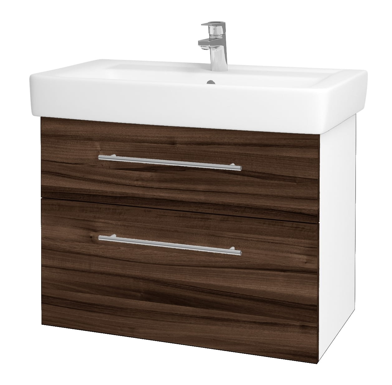 DŘEVOJAS Q MAX SZZ2 80 skrinka s umývadlom 80x47,5x56 cm, 2 zásuvky, úchytka oceľ, lesklá biela/orech