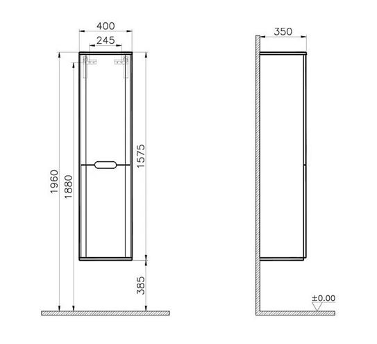 VITRA SENTO vysoká skrinka 40x35x157, 5 cm, 2 dvierka, pánty vpravo, s košom, antracite mat 60844 Technický nákres