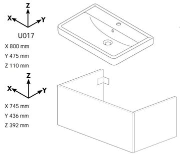 DŘEVOJAS Q SZZ2 80 skrinka s umývadlom 80x47,5x39,2 cm, 2 zásuvky, lesklá biela/biela vysoký lesk 12925-T02 Technický nákres