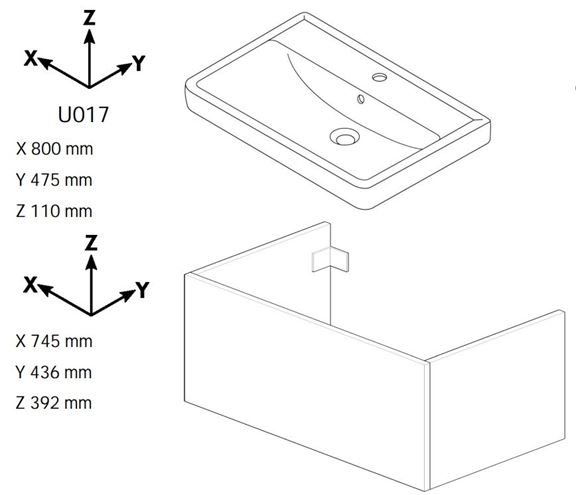 DŘEVOJAS Q SZZ2 80 skrinka s umývadlom 80x47,5x39,2 cm, 2 zásuvky, lesklá biela/biela vysoký lesk 12925-T02 Technický nákres