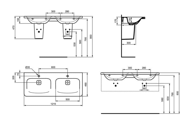 IDEAL STANDARD TEMPO polostĺp pre umývadlo, biela T422501 Technický nákres