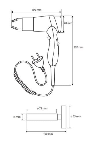 BEMETA fén s držiakom, čierna/strieborná 999433088 Technický nákres