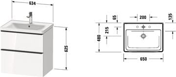 DURAVIT D-NEO skrinka s umývadlom 65x48x62,5 cm, 2 zásuvky, White mat DE012001818 Technický nákres