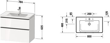 DURAVIT D-NEO skrinka s umývadlom 80x48x62, 5 cm, 2 zásuvky, biela DE012101818 Technický nákres