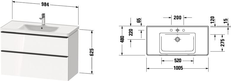 DURAVIT D-NEO skrinka s umývadlom 100x48x62,5 cm, 2 zásuvky, White mat DE012201818 Technický nákres