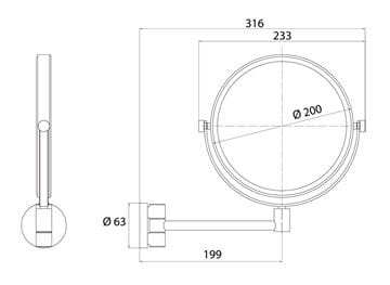 CONCEPT 200 kozmetické zrkadlo 200 mm, zväčšovacie, chróm 010-8463 Technický nákres