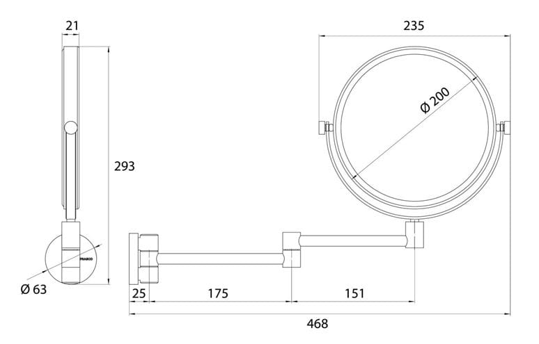 CONCEPT 200 kozmetické zrkadlo 200 mm, zväčšovacie, chróm 010-8464 Technický nákres