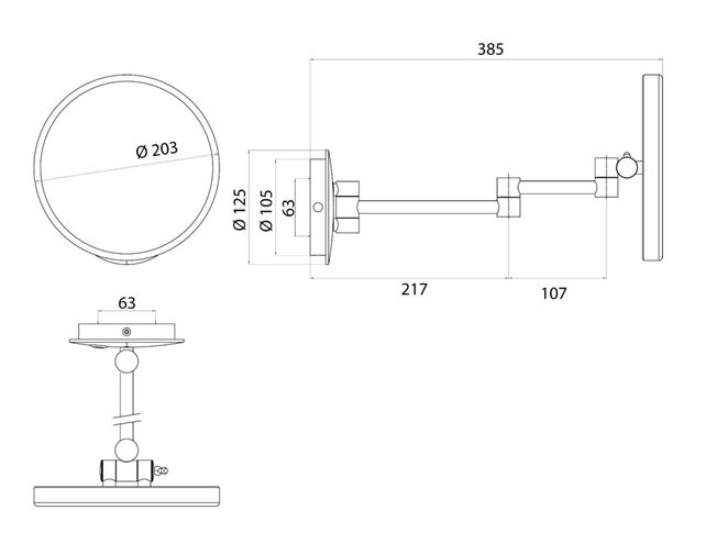 CONCEPT 300 kozmetické zrkadlo 203 mm, zväčšovacie, s osvetlením, chróm 019-1523 Technický nákres