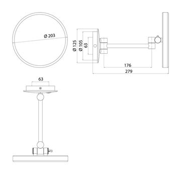CONCEPT 300 kozmetické zrkadlo 203 mm, zväčšovacie, s osvetlením, chróm 019-1521 Technický nákres