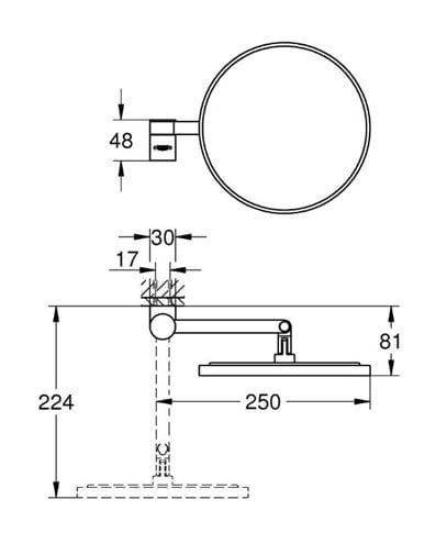 GROHE SELECTION kozmetické zrkadlo, zväčšovacie, hard graphite 41077A00 Technický nákres
