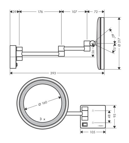HANSGROHE ADDSTORIS kozmetické zrkadlo 160 mm, zväčšovacie, s osvetlením, chróm 41790000 Technický nákres