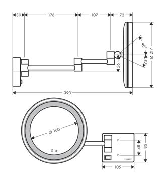 HANSGROHE ADDSTORIS kozmetické zrkadlo 160 mm, zväčšovacie, s osvetlením, chróm 41790000 Technický nákres