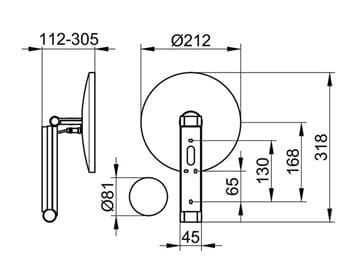KEUCO ILOOK_MOVE kozmetické zrkadlo 212 mm, zväčšovacie, s osvetlením, chróm 17612019002 Technický nákres