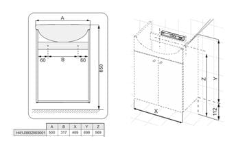 EASY PACK skrinka s umývadlom 50x40x74 cm, 2 dvierka, biela H41J3932003001 Technický nákres