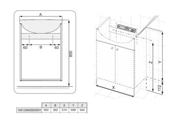 EASY PACK skrinka s umývadlom 55x44x74 cm, 2 dvierka, biela H41J3942003001 Technický nákres