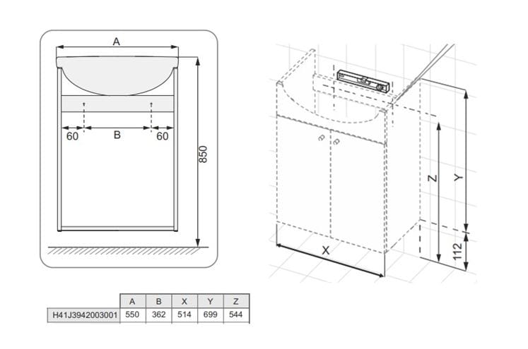 EASY PACK skrinka s umývadlom 55x44x74 cm, 2 dvierka, biela H41J3942003001 Technický nákres
