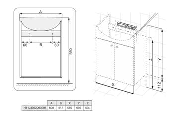EASY PACK skrinka s umývadlom 60x49x74 cm, 2 dvierka, biela H41J3952003001 Technický nákres
