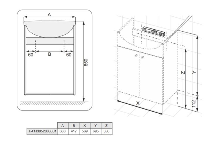 EASY PACK skrinka s umývadlom 60x49x74 cm, 2 dvierka, biela H41J3952003001 Technický nákres