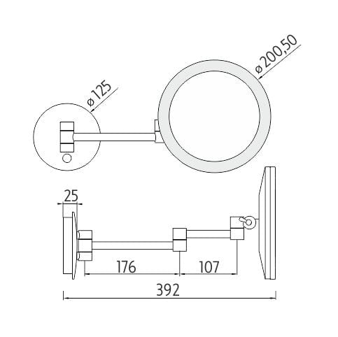 NIMCO kozmetické zrkadlo 200,5 mm, zväčšovacie, s osvetlením, čierna ZK 20265-90 Technický nákres