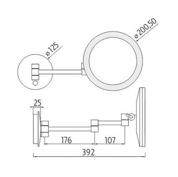 NIMCO kozmetické zrkadlo 200,5 mm, zväčšovacie, s osvetlením, čierna ZK 20265-90 Technický nákres