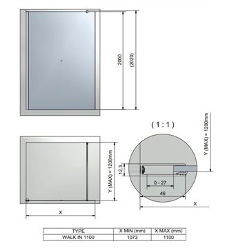 ROTH CARIDA WALK IN CI TWF stena walk-in 100x200 cm, čierny elox/číre sklo CI TWF 10020 NPF Technický nákres