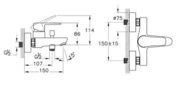 CONCEPT E50 III vaňová nástenná batéria, s prepínačom, chróm A43058EXP Technický nákres