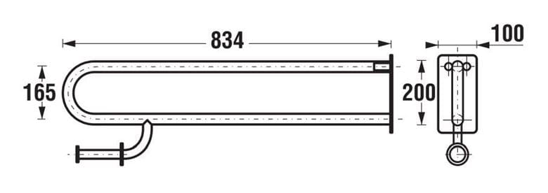 JIKA UNIVERSUM sklopné madlo 834 mm, s držiakom toaletného papiera, nerez H3897160030001 Technický nákres
