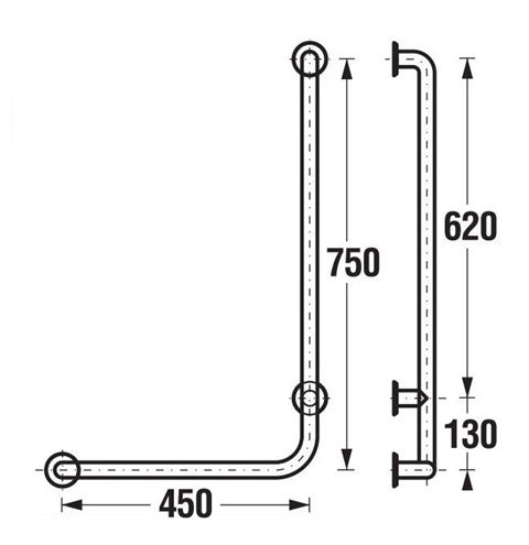 JIKA UNIVERSUM madlo do sprchy 450x750 mm, ľavé, nerez H3897120030001 Technický nákres