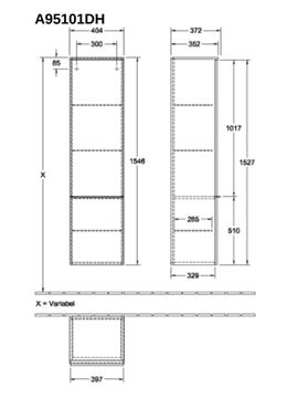 VILLEROY & BOCH VENTICELLO vysoká skrinka 40,4x37,2x154,6 cm, 1 dvierka, pánty vľavo, Glossy White A95101DH Technický nákres