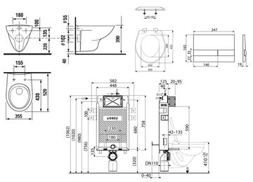 EASY závesné WC s montážnym prvkom Renovmodul, sedátko, biele tlačidlo SET EASY ZED Technický nákres