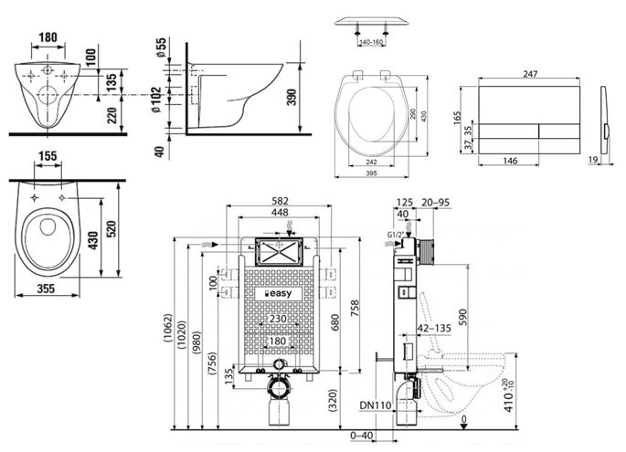 EASY závesné WC s montážnym prvkom Renovmodul, sedátko, biele tlačidlo SET EASY ZED Technický nákres