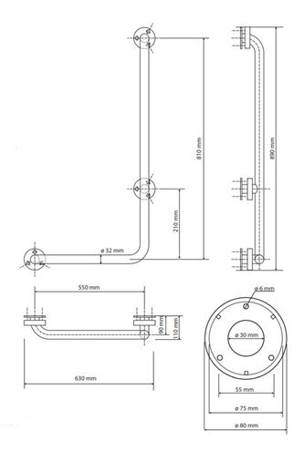 BEMETA HELP madlo 630x890 mm, pravé, nerez 301122042 Technický nákres