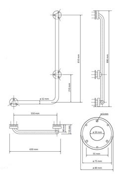 BEMETA HELP madlo 630x890 mm, pravé, nerez 301122042 Technický nákres
