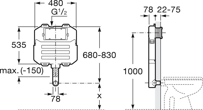 JIKA BASIC TANK SYSTEM COMPACT montážny prvok pre WC 83 cm, so splachovacou nádržkou H8946500000001 Technický nákres