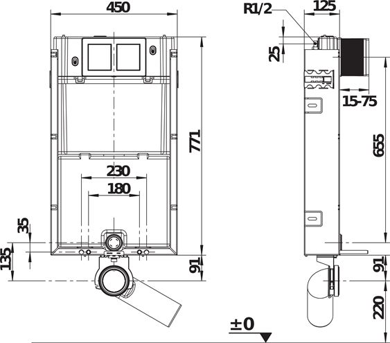 JIKA BASIC WC SYSTEM montážny prvok pre WC 77,1 cm, so splachovacou nádržkou H8956510000001 Technický nákres