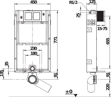 JIKA BASIC WC SYSTEM montážny prvok pre WC 77,1 cm, so splachovacou nádržkou H8956510000001 Technický nákres