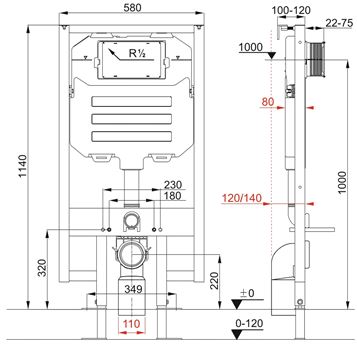 JIKA WC SYSTEM COMPACT montážny prvok pre WC 126 cm, so splachovacou nádržkou H8946520000001 Technický nákres
