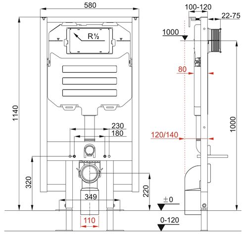 JIKA WC SYSTEM COMPACT montážny prvok pre WC 126 cm, so splachovacou nádržkou H8946520000001 Technický nákres