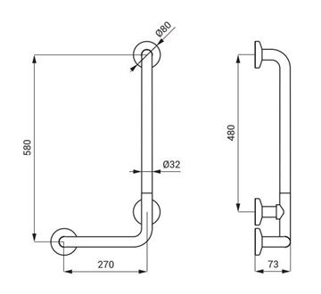 SANELA madlo k vani 350x660 mm, pravé, leská nerez SLZM 18 Technický nákres