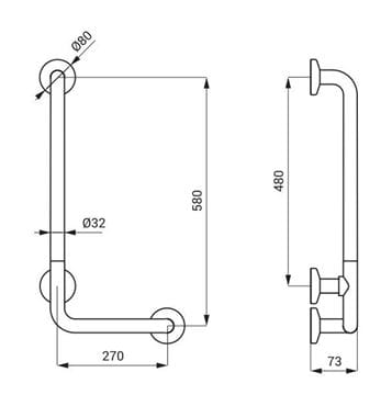 SANELA madlo k vani 350x660 mm, ľavé, matná nerez SLZM 19X Technický nákres