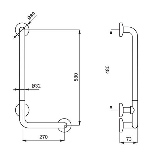 SANELA madlo k vani 350x660 mm, ľavé, matná nerez SLZM 19X Technický nákres