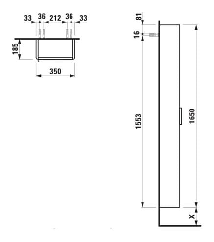LAUFEN BASE vysoká skrinka 35x18,5x165 cm, 1 dvierka, pánty vpravo, lesklá biela H4026421102611 Technický nákres