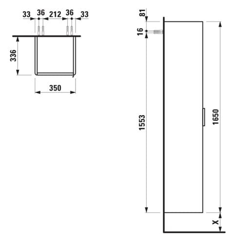 LAUFEN BASE vysoká skrinka 35x33, 6x165 cm, 1 dvierka, pánty vľavo, Push-open, matná biela H4026711102601 Technický nákres