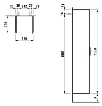 LAUFEN BASE vysoká skrinka 35x33, 6x165 cm, 1 dvierka, pánty vľavo, Push-open, matná biela H4026711102601 Technický nákres