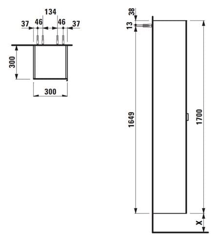 LAUFEN SPACE vysoká skrinka 30x30x170 cm, 1 dvierka, matná biela/sklo H4109011601001 Technický nákres