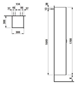 LAUFEN SPACE vysoká skrinka 30x30x170 cm, 1 dvierka, matná biela/sklo H4109011601001 Technický nákres