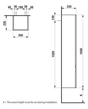 LAUFEN PRO S vysoká skrinka 35x33,5x165 cm, 1 dvierka, pánty vľavo, wenge H4831210954231 Technický nákres