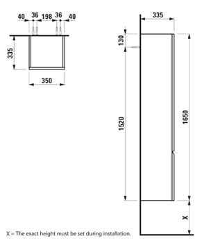 LAUFEN PRO S vysoká skrinka 35x33,5x165 cm, 1 dvierka, pánty vľavo, lesklá biela H4831210954751 Technický nákres