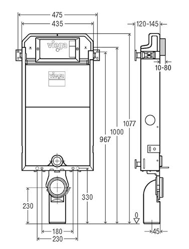 VIEGA PREVISTA PURE-WC 8512 montážny prvok pre WC 107,7 cm, so splachovacou nádržkou 3H 771928 Technický nákres