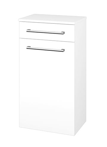 DŘEVOJAS DOS SNDKZ 50 nízka skrinka 50,5x36x93,8 cm, 1 zásuvka, 1 dvierka, s košom, úchytka chróm, lesklá biela/biela vysoký lesk 63095-T03 Obrázek - Hlavní obrázek